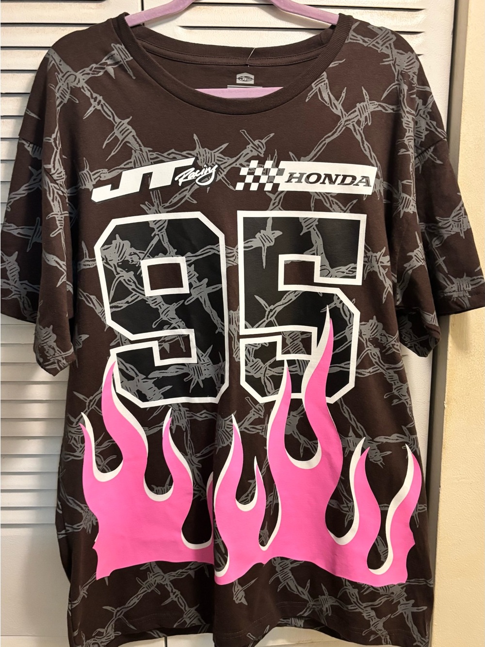 Men’s Honda racing Brown Graphic Tee with Pink Flame & Barbed Wire Design